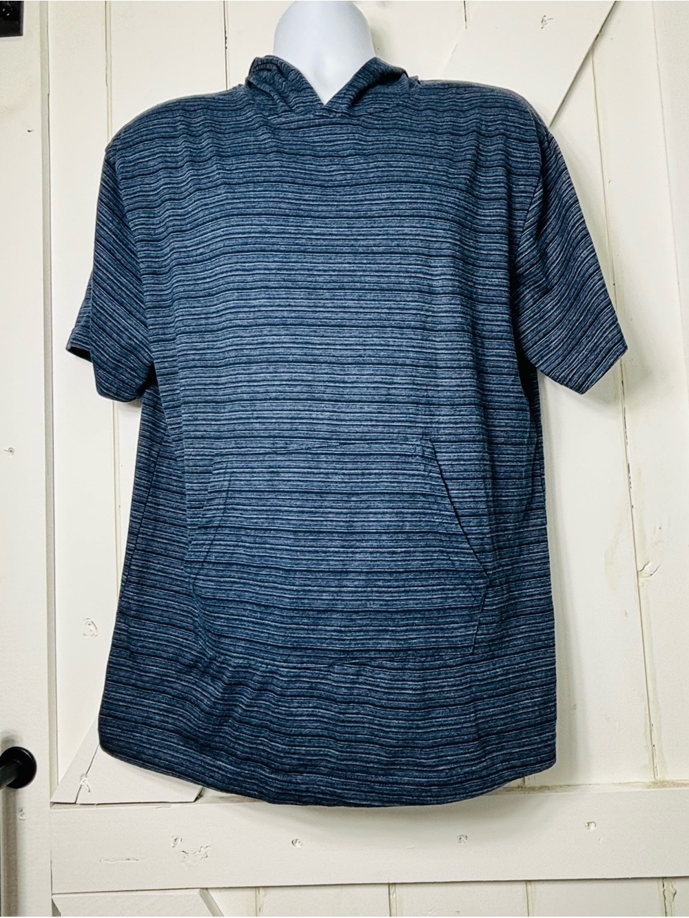 Men's Short-Sleeve Blue Striped Hooded Shirt M599